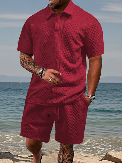 🌴Men's Solid Textured Polo Shirt & Shorts Set🌞