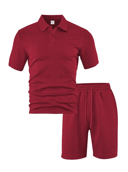 🌴Men's Solid Textured Polo Shirt & Shorts Set🌞
