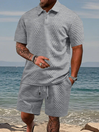🌴Men's Solid Textured Polo Shirt & Shorts Set🌞