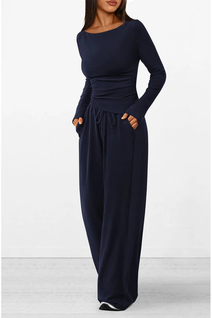 Women's 2 Piece Lounge Sets Asymmetrical Long Sleeve T Shirt Wide Leg Pants