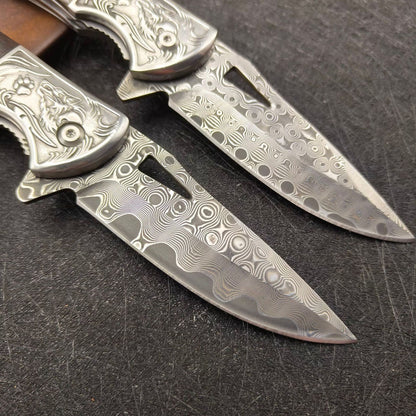Damascus Steel EDC Folding Knife with Iridescent Abalone Shell Resin Handle