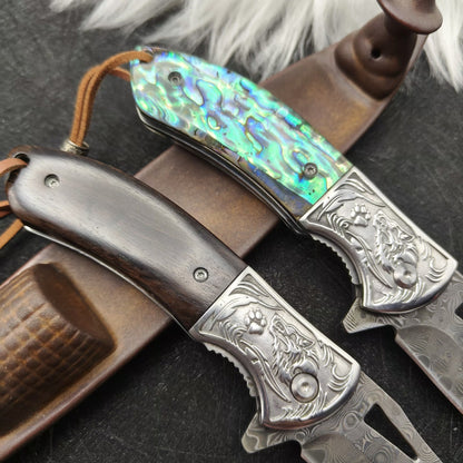 Damascus Steel EDC Folding Knife with Iridescent Abalone Shell Resin Handle