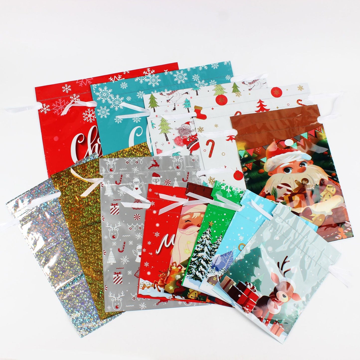 Christmas Drawstring Gift Bags Sets with  Hang Tags