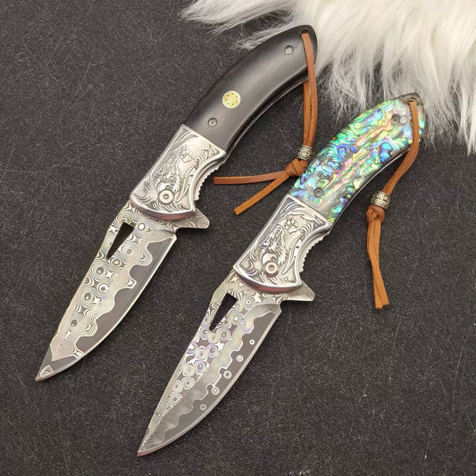 Damascus Steel EDC Folding Knife with Iridescent Abalone Shell Resin Handle