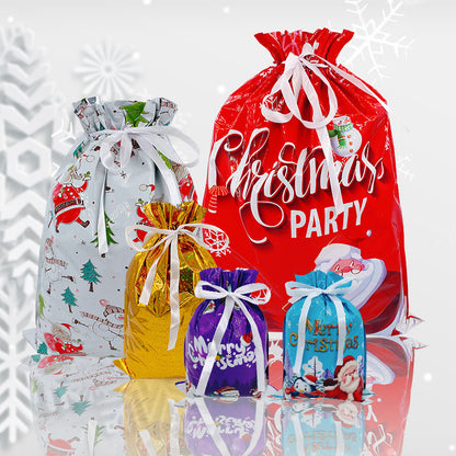 Christmas Drawstring Gift Bags Sets with  Hang Tags