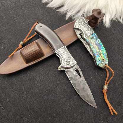 Damascus Steel EDC Folding Knife with Iridescent Abalone Shell Resin Handle