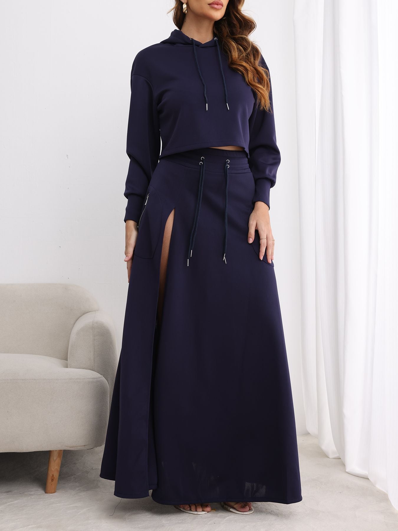 Women's Solid Drawstring Hoodie & Split Thigh Skirt Set
