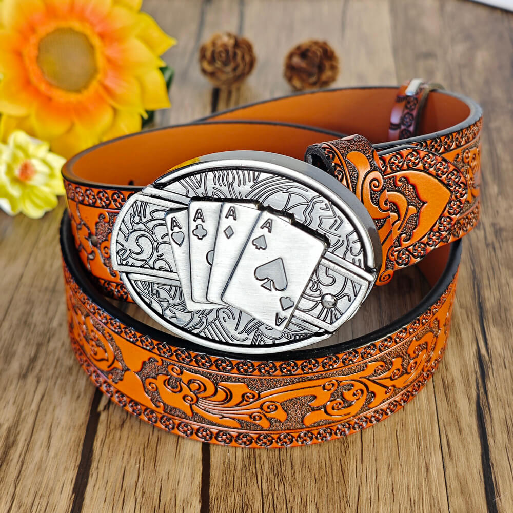 Hidden Utility Belt Buckle - Embossed Leather Western Cowboy Belt