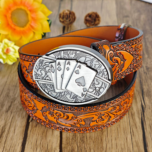 Hidden Utility Belt Buckle - Embossed Leather Western Cowboy Belt