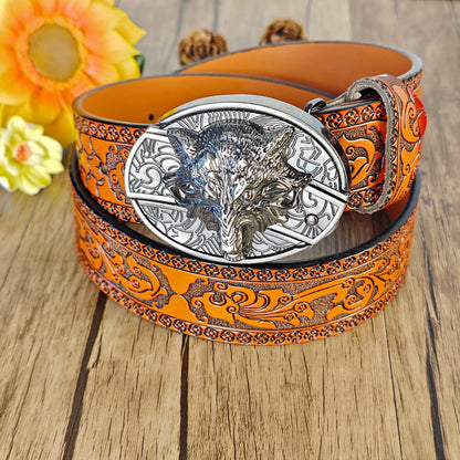 Hidden Utility Belt Buckle - Embossed Leather Western Cowboy Belt