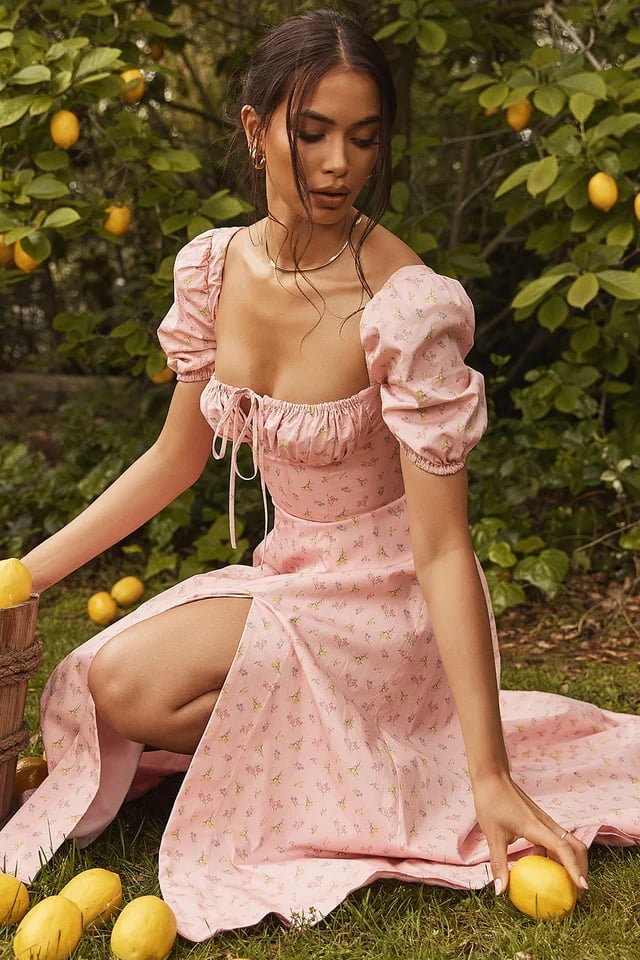 PINK FLORAL PUFF SLEEVE MIDI DRESS