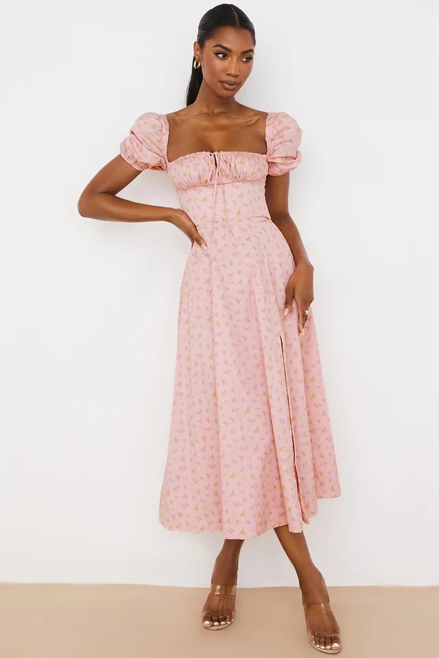 PINK FLORAL PUFF SLEEVE MIDI DRESS