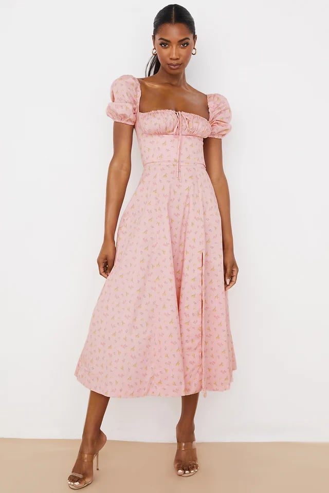 PINK FLORAL PUFF SLEEVE MIDI DRESS