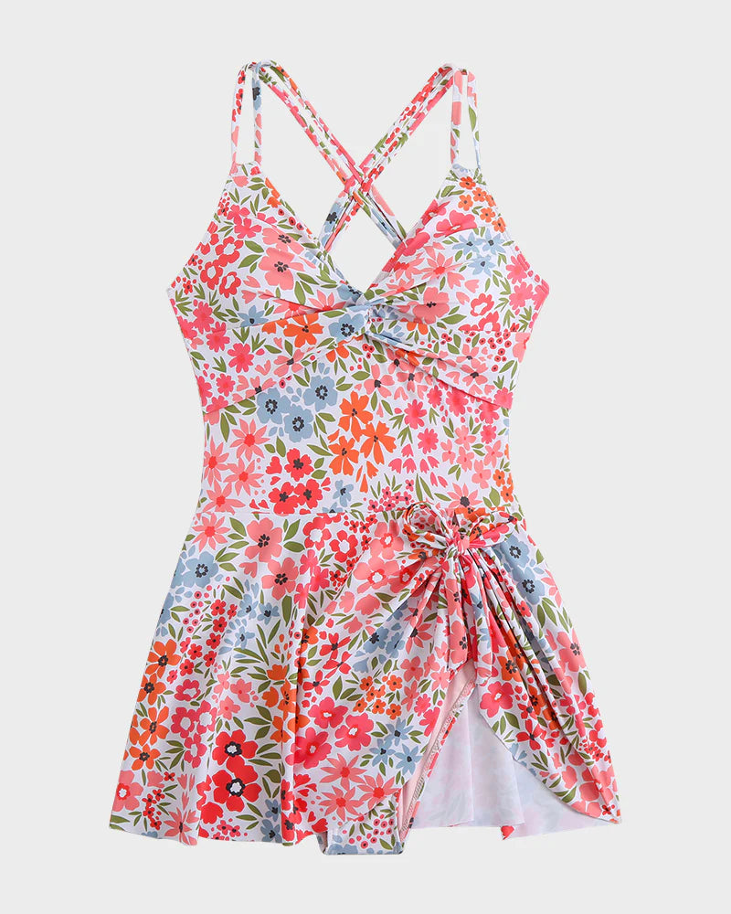 KNOT HEM RUCHED ONE-PIECE SWIM DRESS