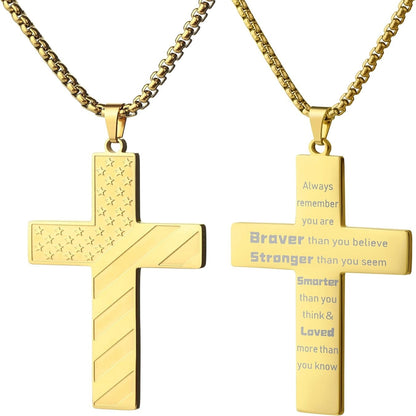 Cross Necklace with Bible Verse & American Flag Pendant