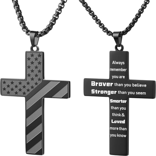 Cross Necklace with Bible Verse & American Flag Pendant