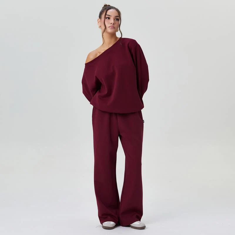 Casual Solid Color Off-Shoulder Outfit – Cozy Top & Wide-Leg Pants Set