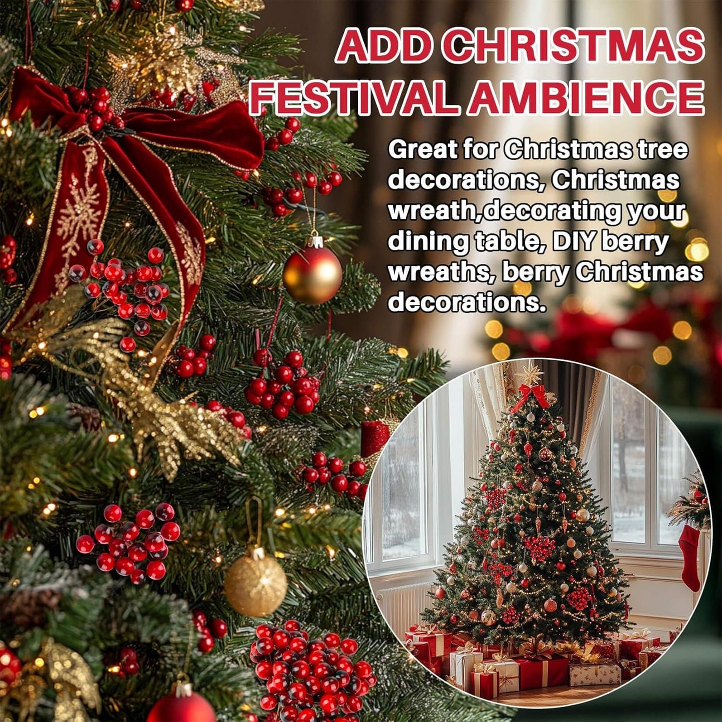 Christmas Holly Berries Set – 50PCS Mini Red Berry Decorations