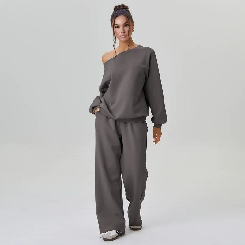 Casual Solid Color Off-Shoulder Outfit – Cozy Top & Wide-Leg Pants Set