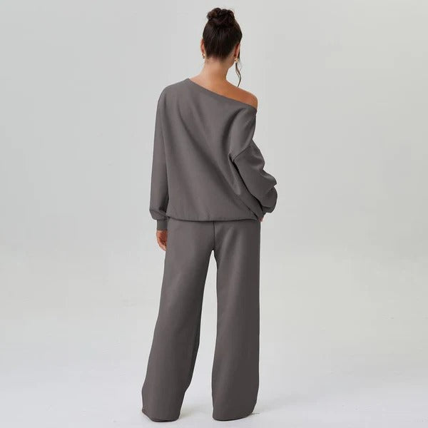 Casual Solid Color Off-Shoulder Outfit – Cozy Top & Wide-Leg Pants Set