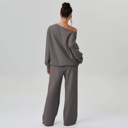 Casual Solid Color Off-Shoulder Outfit – Cozy Top & Wide-Leg Pants Set