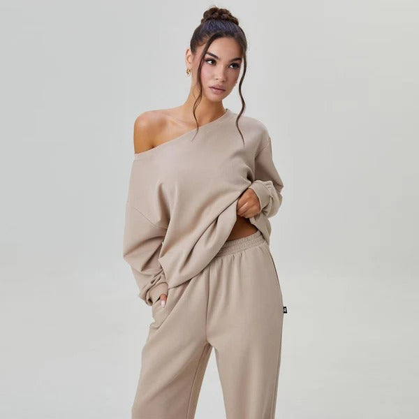 Casual Solid Color Off-Shoulder Outfit – Cozy Top & Wide-Leg Pants Set