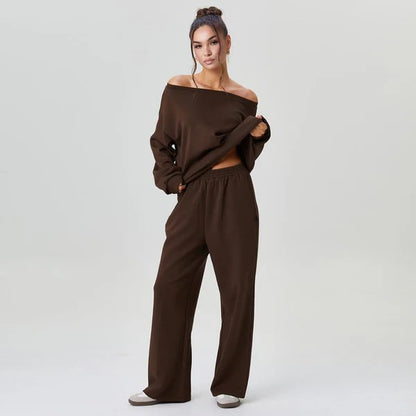 Casual Solid Color Off-Shoulder Outfit – Cozy Top & Wide-Leg Pants Set