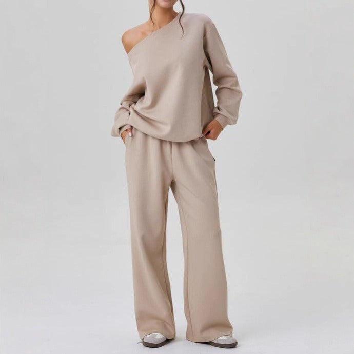 Casual Solid Color Off-Shoulder Outfit – Cozy Top & Wide-Leg Pants Set