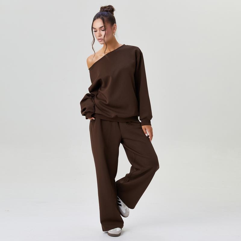 Casual Solid Color Off-Shoulder Outfit – Cozy Top & Wide-Leg Pants Set