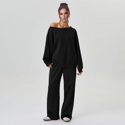 Casual Solid Color Off-Shoulder Outfit – Cozy Top & Wide-Leg Pants Set