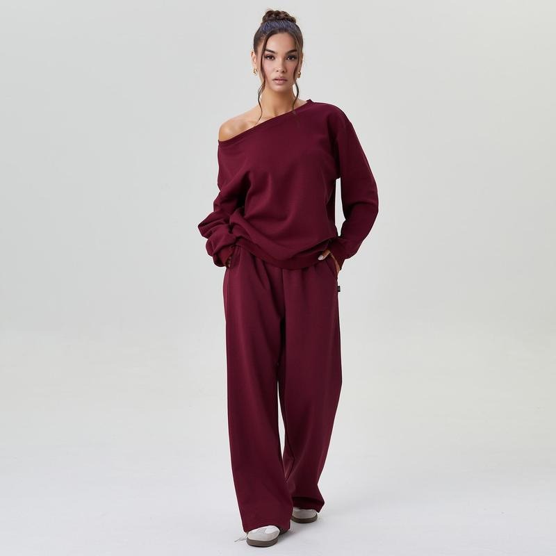 Casual Solid Color Off-Shoulder Outfit – Cozy Top & Wide-Leg Pants Set