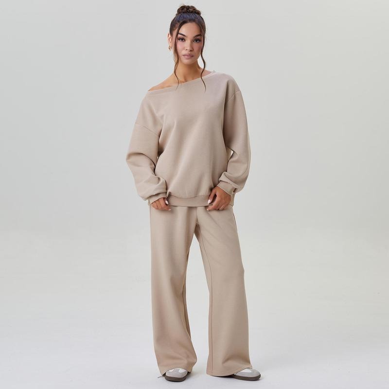 Casual Solid Color Off-Shoulder Outfit – Cozy Top & Wide-Leg Pants Set