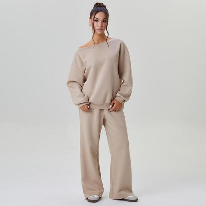 Casual Solid Color Off-Shoulder Outfit – Cozy Top & Wide-Leg Pants Set