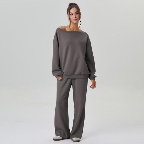 Casual Solid Color Off-Shoulder Outfit – Cozy Top & Wide-Leg Pants Set