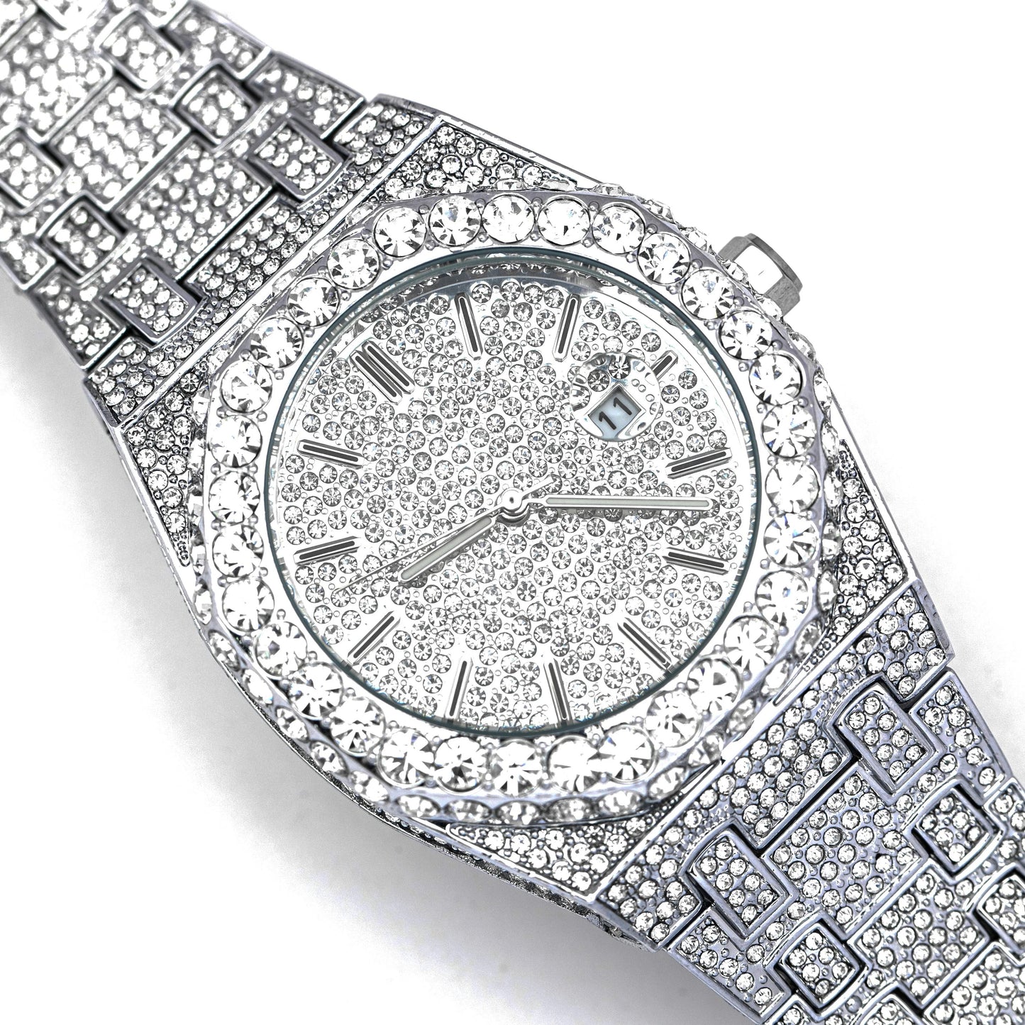 Luxury 18K White Gold Plated Full Diamond Quartz Watch