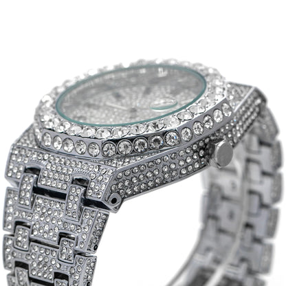 Luxury 18K White Gold Plated Full Diamond Quartz Watch