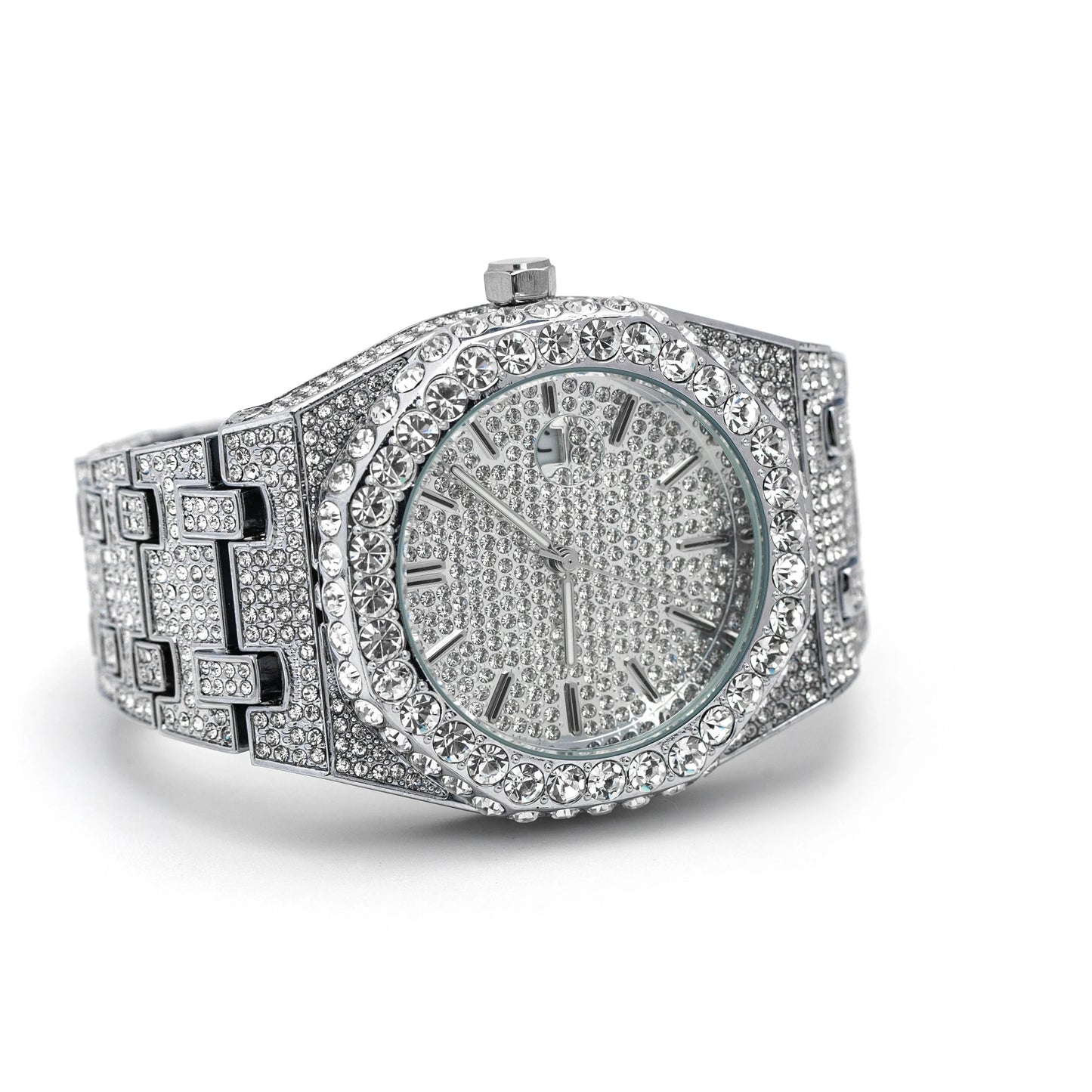 Luxury 18K White Gold Plated Full Diamond Quartz Watch