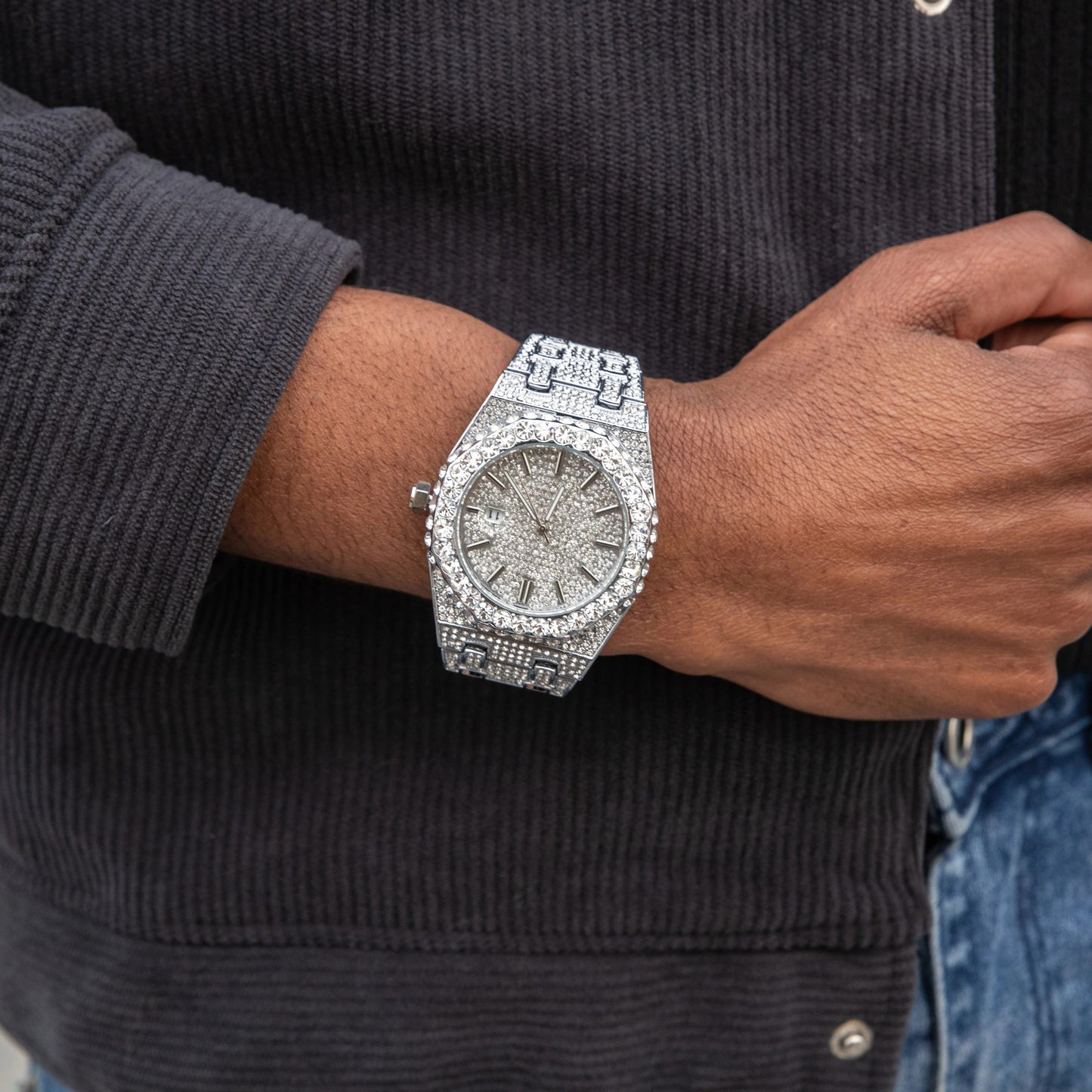 Luxury 18K White Gold Plated Full Diamond Quartz Watch