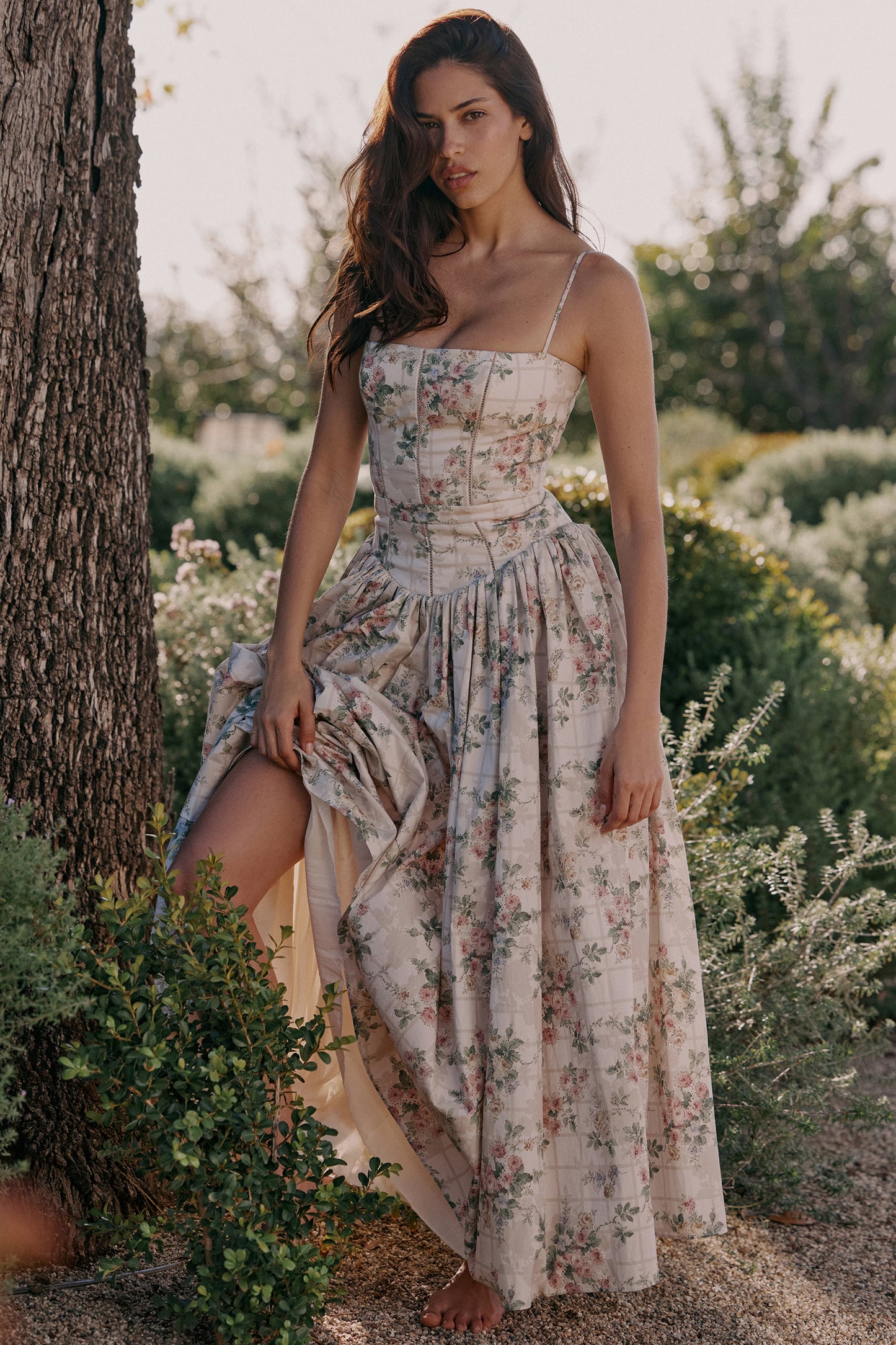 YSABELLA Cream Floral Print Cotton Midi Sundress