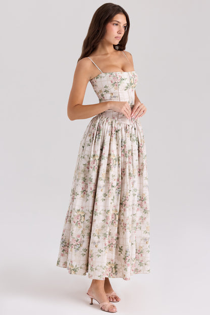 YSABELLA Cream Floral Print Cotton Midi Sundress