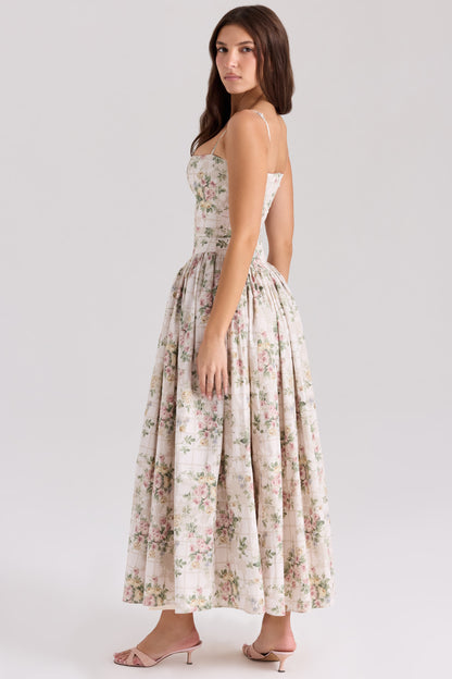 YSABELLA Cream Floral Print Cotton Midi Sundress