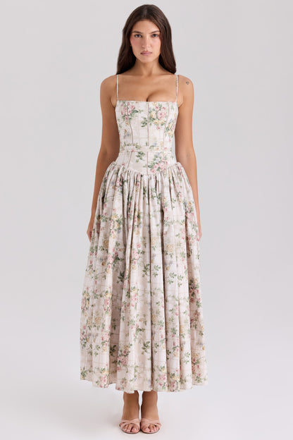 YSABELLA Cream Floral Print Cotton Midi Sundress
