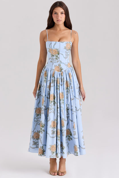 YSABELLA Blue Vintage Rose Print Cotton Midi Sundress