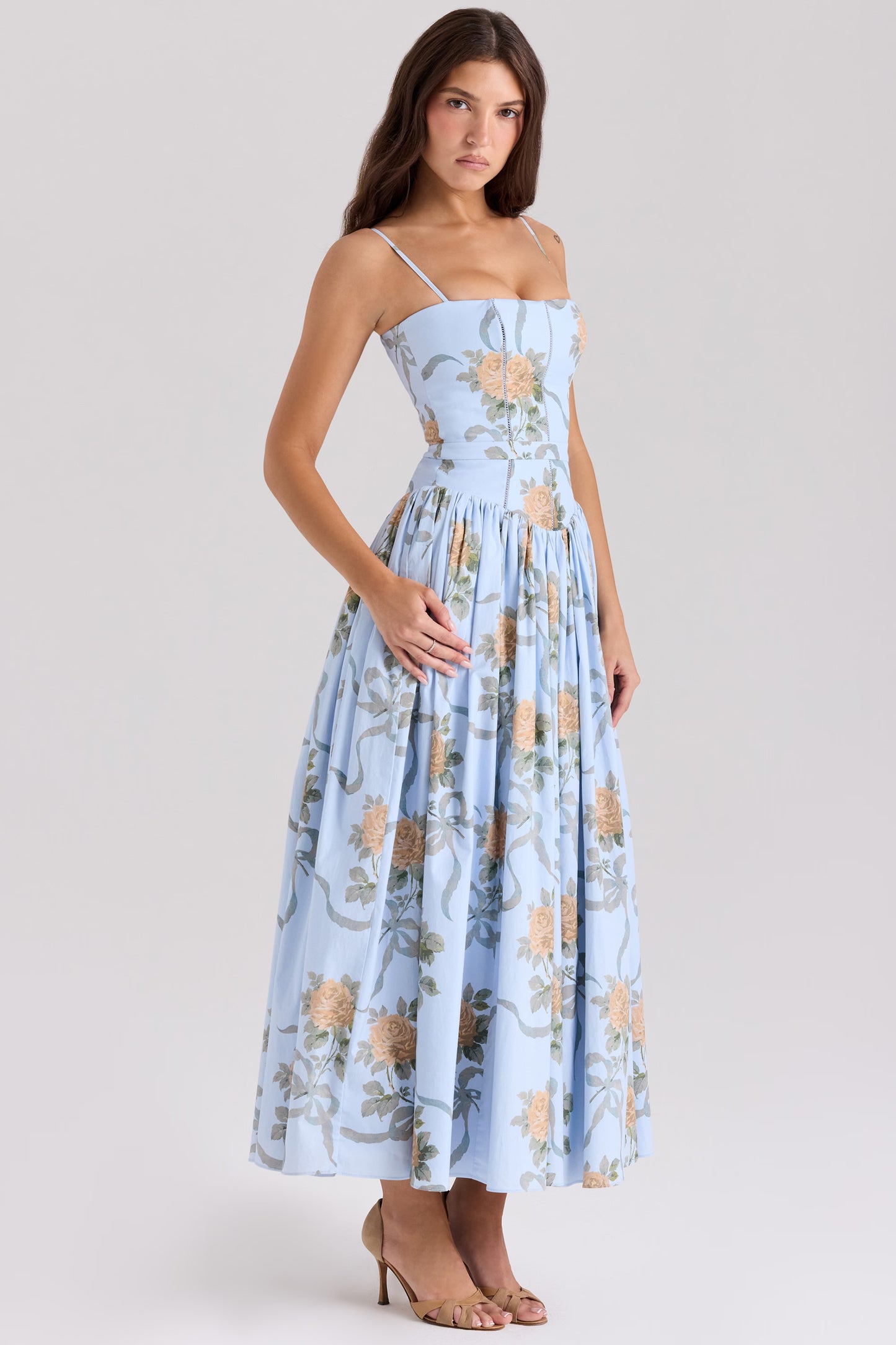YSABELLA Blue Vintage Rose Print Cotton Midi Sundress