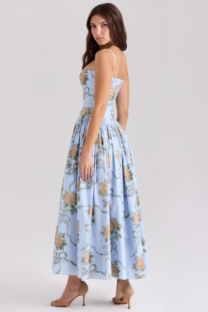 YSABELLA Blue Vintage Rose Print Cotton Midi Sundress