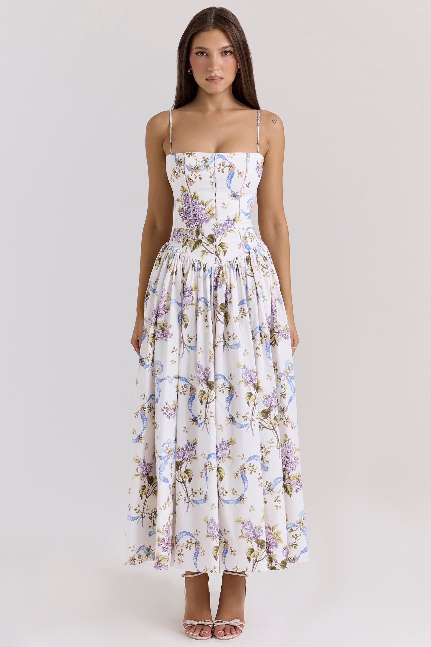 YSABELLA Off White Vintage Ribbon Print Cotton Midi Sundress
