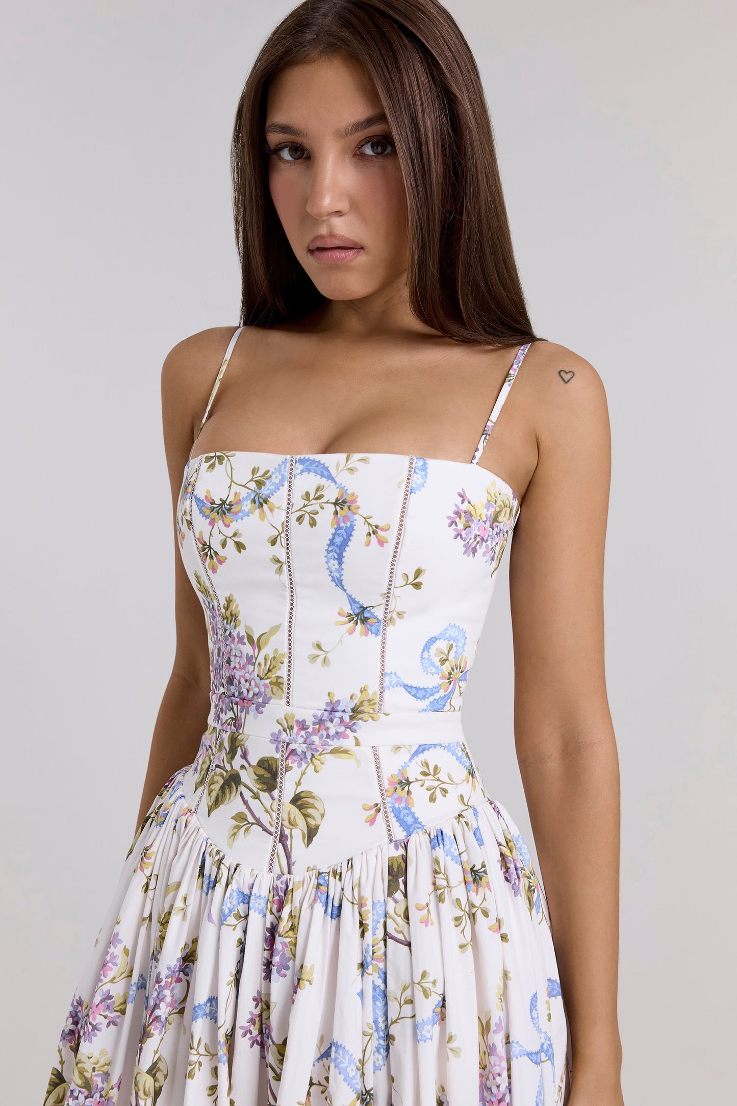 YSABELLA Off White Vintage Ribbon Print Cotton Midi Sundress