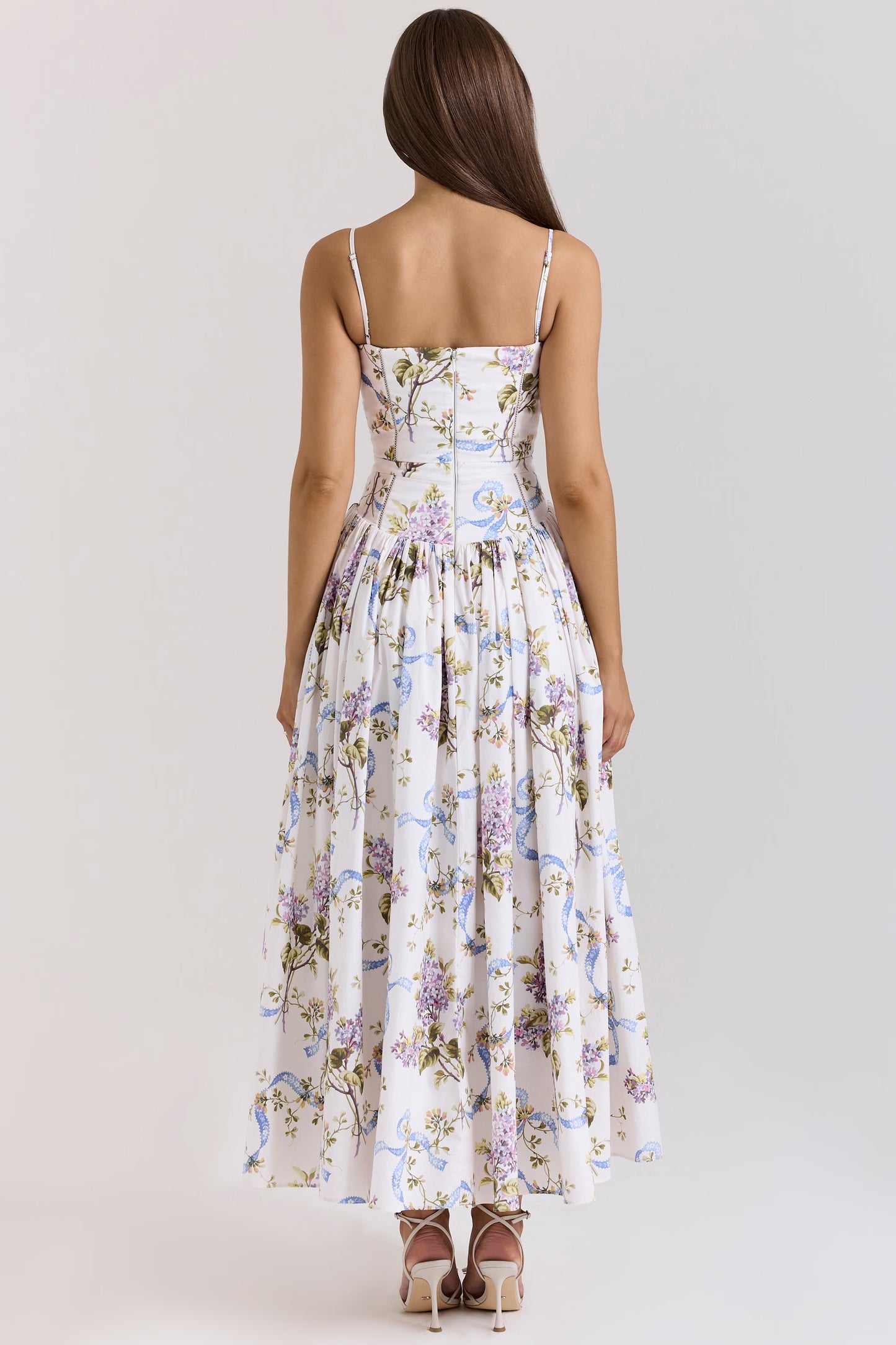 YSABELLA Off White Vintage Ribbon Print Cotton Midi Sundress
