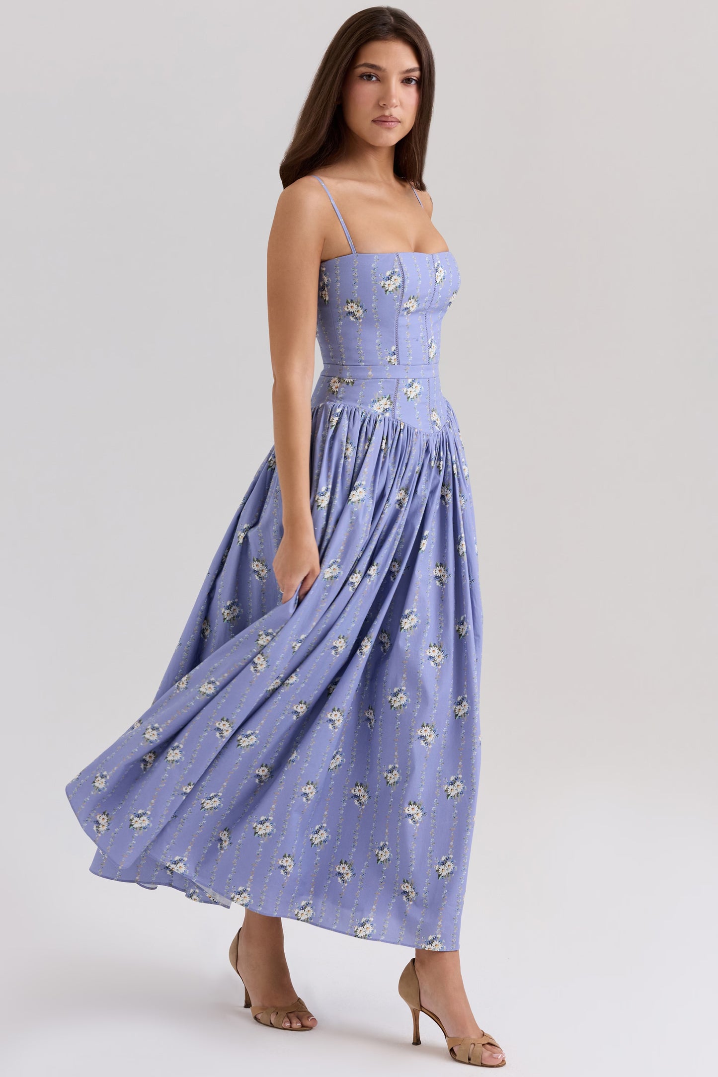 YSABELLA Blue Daisy Print Stretch Cotton Midi Sundress