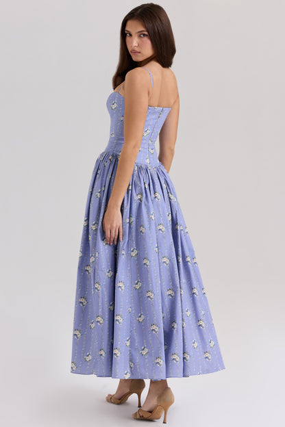 YSABELLA Blue Daisy Print Stretch Cotton Midi Sundress